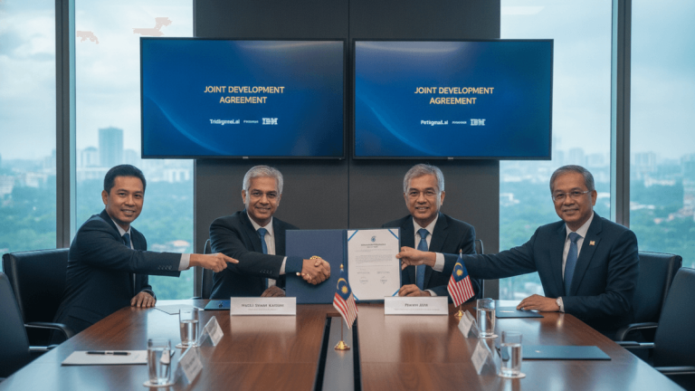 Four men in suits seated at a polished conference table, two shaking hands across a signed document with two Malaysian flags.