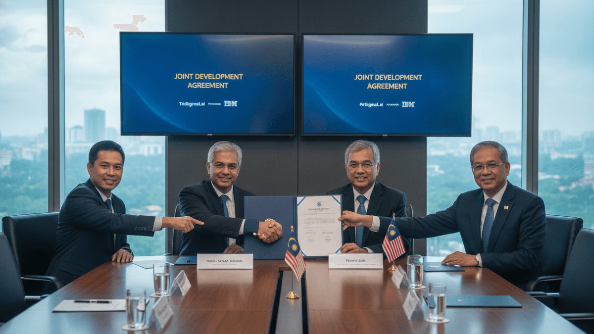 Four men in suits seated at a polished conference table, two shaking hands across a signed document with two Malaysian flags.