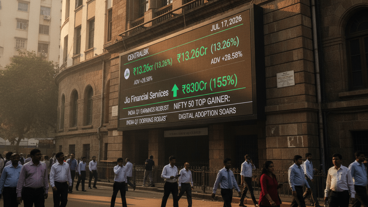 A large digital display board on the side of an old building shows stock market information, including company names and financial figures, as people walk by on the street below.