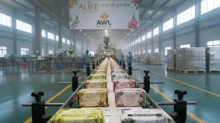 A wide shot inside a clean, brightly lit factory shows rows of "Alife" branded soap bars moving on a conveyor belt toward packaging machinery.