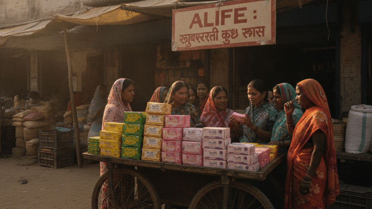 A group of women in saris inspect stacks of soap bars on a wooden pushcart under a weathered sign for "ALIFE" in a bustling market alley.