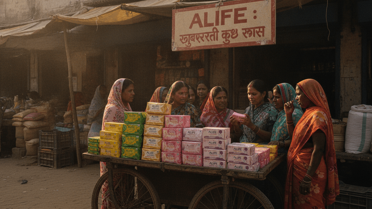 A group of women in saris inspect stacks of soap bars on a wooden pushcart under a weathered sign for "ALIFE" in a bustling market alley.