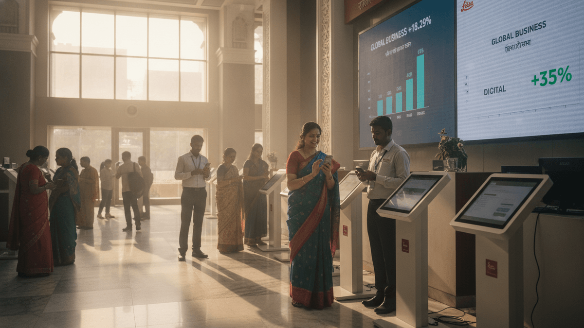 A wide shot inside a well-lit, modern Indian bank. Employees and customers, some in traditional attire, interact with digital service kiosks and large display screens showing financial data.