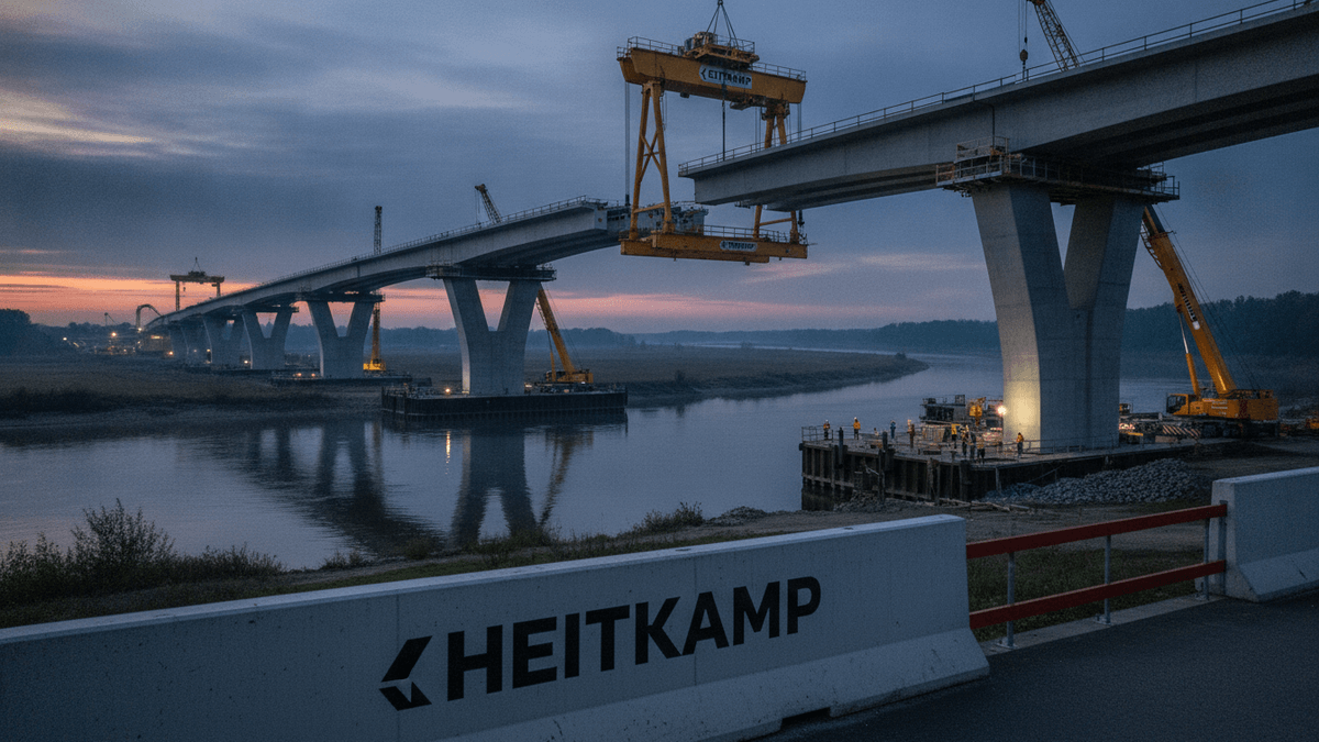 A long highway bridge under construction spans a wide river at twilight, with cranes and worker activity visible.