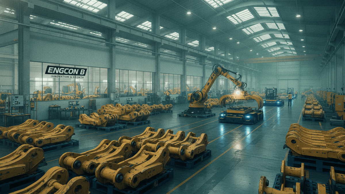 A wide shot of a factory floor with multiple robotic arms, one actively welding yellow excavator components, under overhead skylights.