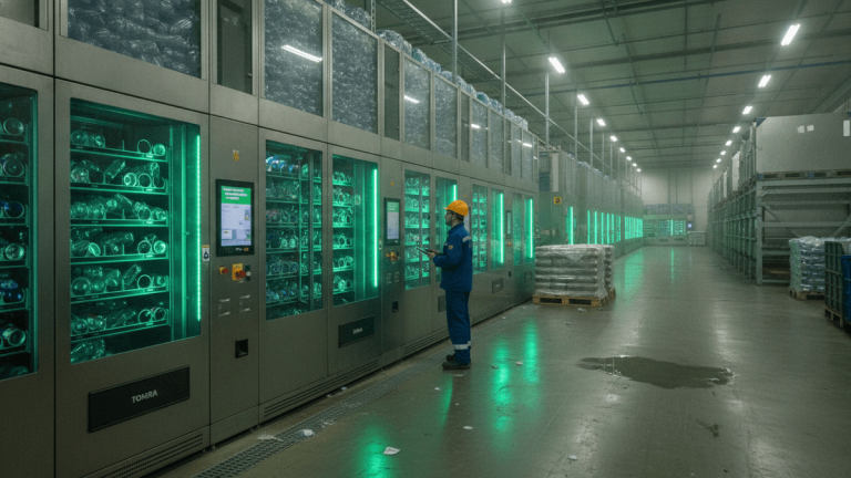 A wide shot of a worker in a blue uniform and yellow hard hat interacting with a series of green-lit TOMRA reverse vending machines in a dimly lit warehouse.