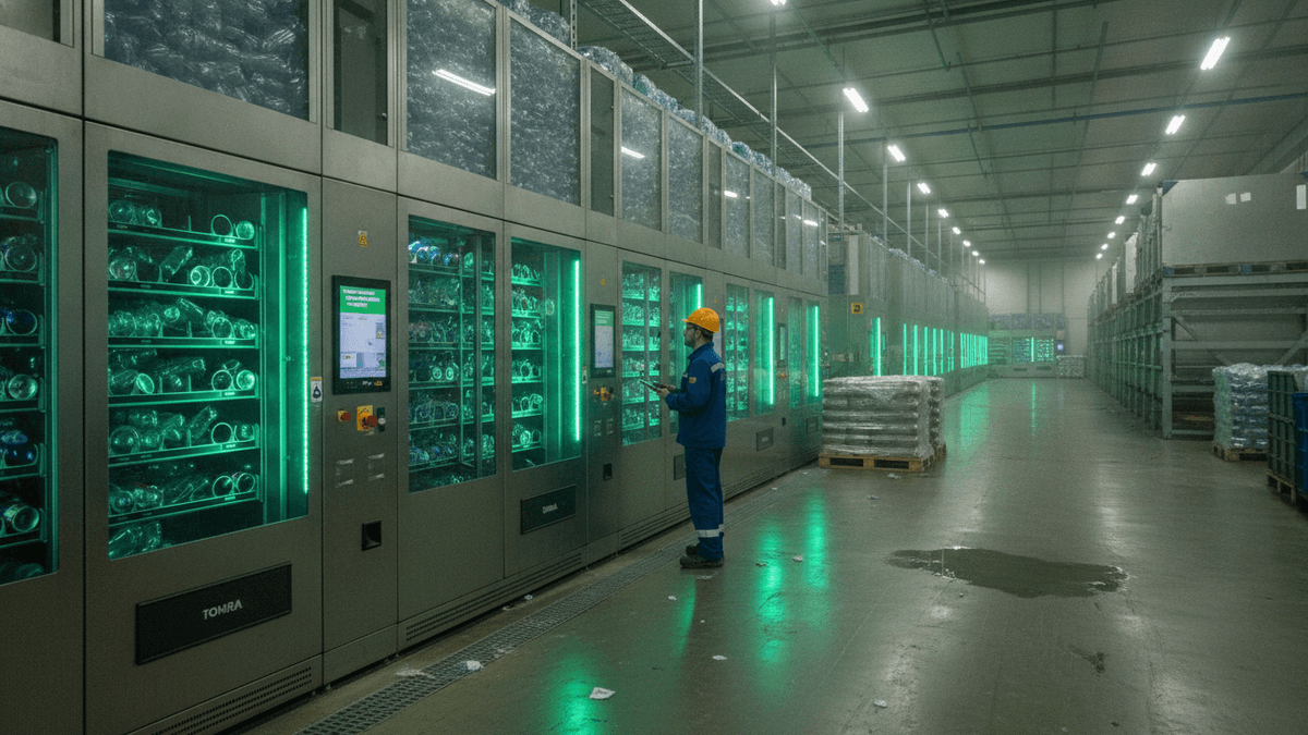A wide shot of a worker in a blue uniform and yellow hard hat interacting with a series of green-lit TOMRA reverse vending machines in a dimly lit warehouse.