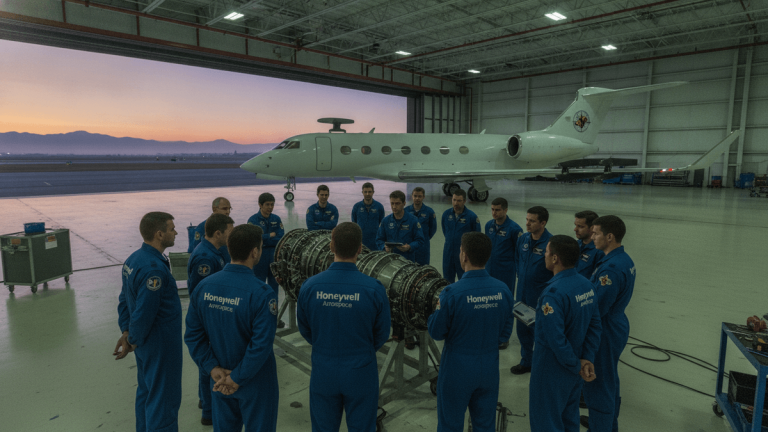 A group of people in blue jumpsuits with "Honeywell Aerospace" logos stand in a semi-circle around a large jet engine inside a hangar. A private jet is parked behind them, and the open hangar door reveals a tarmac and mountains under a twilight sky.