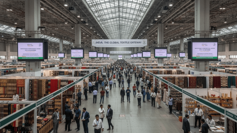 A wide shot from above a crowded exhibition hall, showing numerous textile booths and hundreds of attendees milling about.