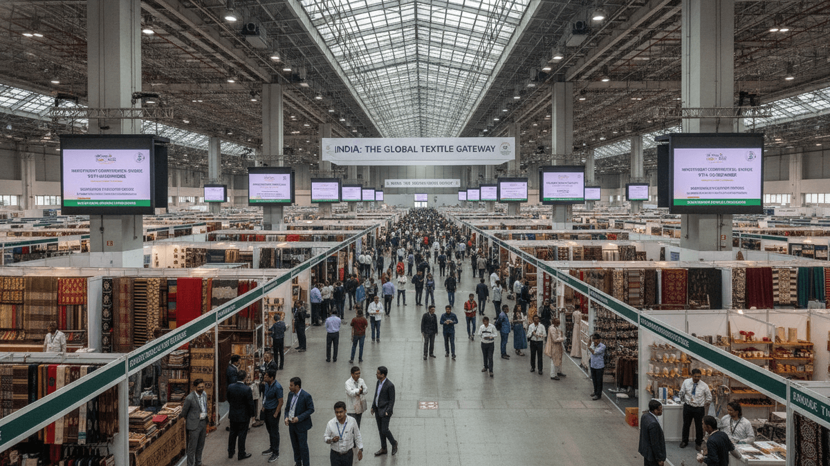 A wide shot from above a crowded exhibition hall, showing numerous textile booths and hundreds of attendees milling about.