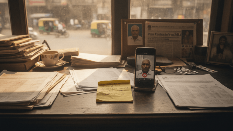 A cluttered wooden desk with papers, a smartphone displaying a man's face, a handwritten note, and newspaper clippings. Outside a window, auto-rickshaws are visible on a dusty street.