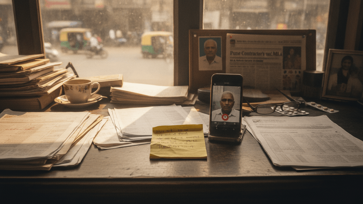 A cluttered wooden desk with papers, a smartphone displaying a man's face, a handwritten note, and newspaper clippings. Outside a window, auto-rickshaws are visible on a dusty street.