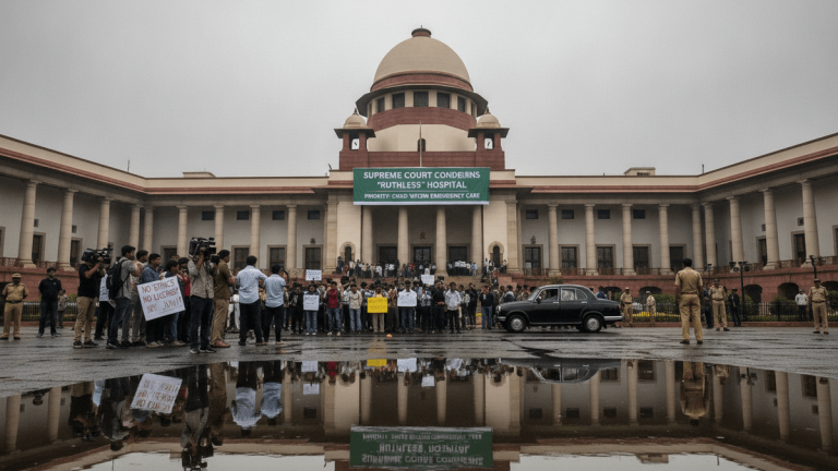 A wide shot of the Supreme Court of India building with a crowd of protesters and media personnel in front. The wet ground reflects the building and people.
