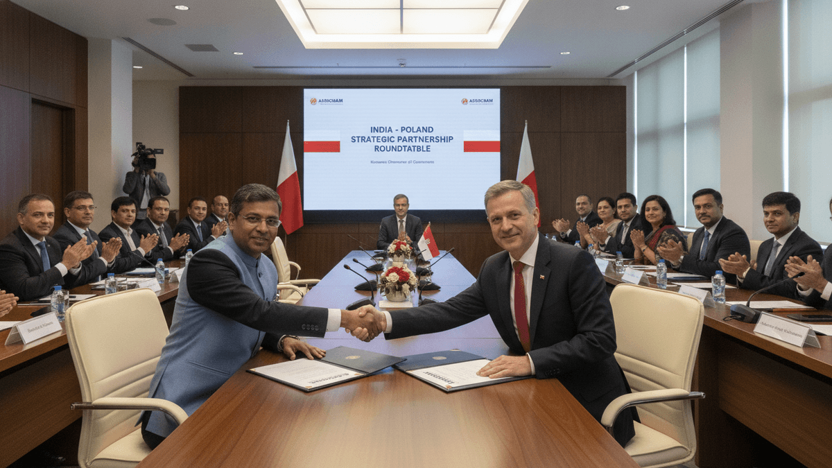 Two men in suits shake hands across a conference table with documents in front of them, flanked by seated delegates and national flags.