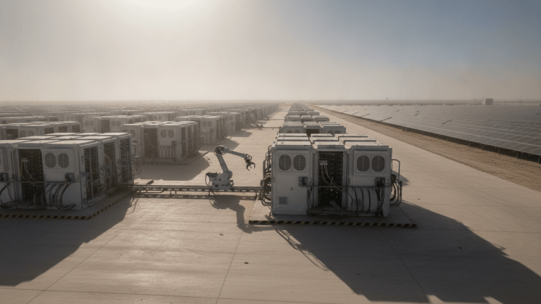 An aerial view of a sprawling data center in a desert, with rows of white server units and solar panels under a hazy sky.