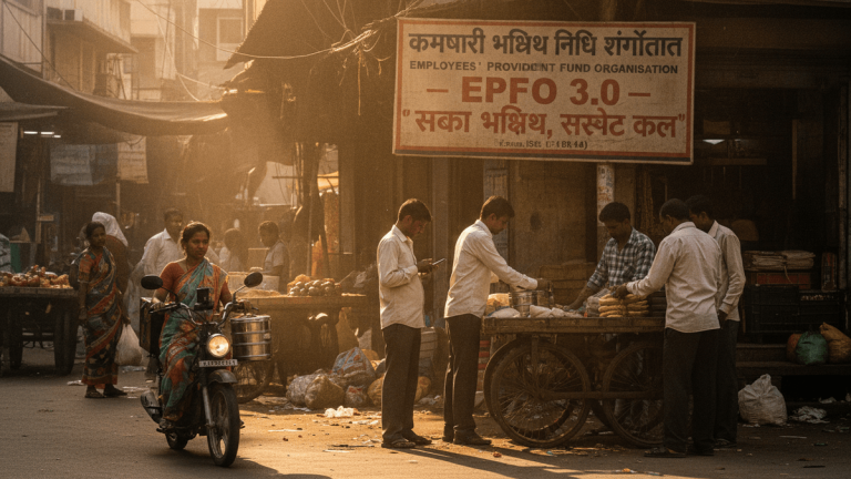 A dusty, sunlit street scene in India, with people milling around a food stall and a woman on a scooter, under a prominent banner.