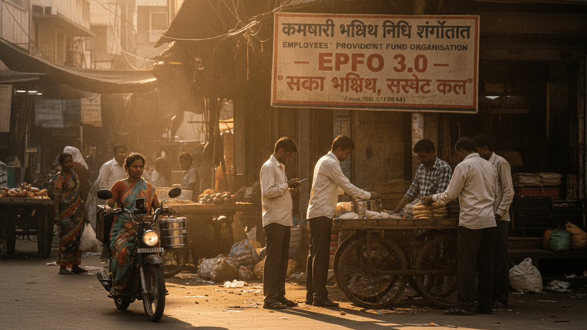 A dusty, sunlit street scene in India, with people milling around a food stall and a woman on a scooter, under a prominent banner.