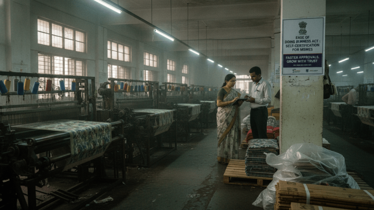 An Indian man and woman stand in a dimly lit textile factory, looking at a tablet. A government poster is visible on a pillar.