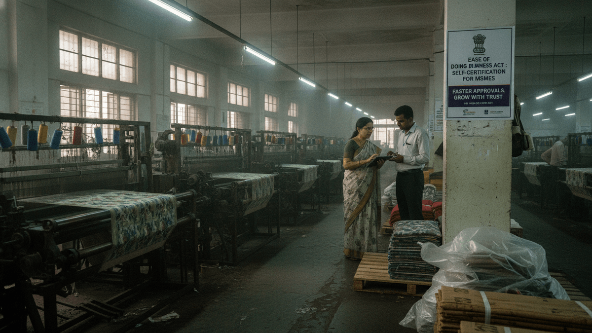 An Indian man and woman stand in a dimly lit textile factory, looking at a tablet. A government poster is visible on a pillar.