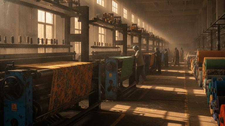 Inside a vast textile factory, morning sunlight streams through high windows, illuminating dust motes and machinery. Workers in caps are visible tending to large weaving looms.