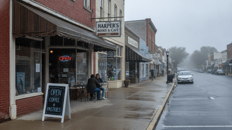 A wide shot of a small town main street on a rainy, overcast day. Harper's Books & Cafe is prominent on the left, with an "OPEN" sign in its window and a couple seated outside under an awning.