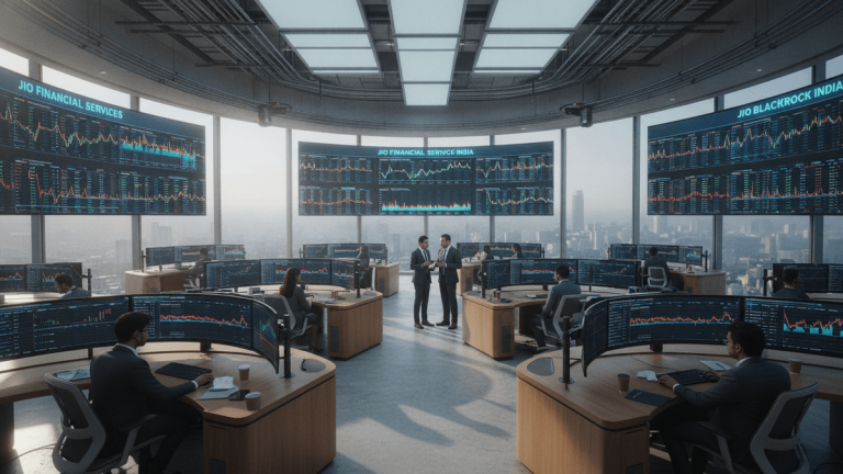 An expansive, modern financial trading floor with panoramic city views, featuring curved desks, numerous computer monitors displaying stock charts, and two men conversing in the center.