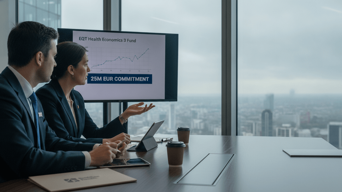 A business meeting with two people, a woman gesturing towards a screen displaying "EQT Health Economics 3 Fund" and "25M EUR COMMITMENT", overlooking a city.