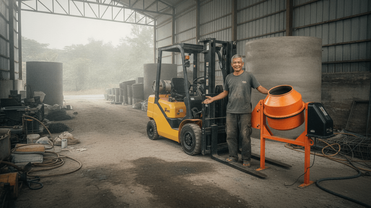A man in a grey t-shirt and dark pants stands between a yellow forklift and an orange cement mixer inside a corrugated metal shed.