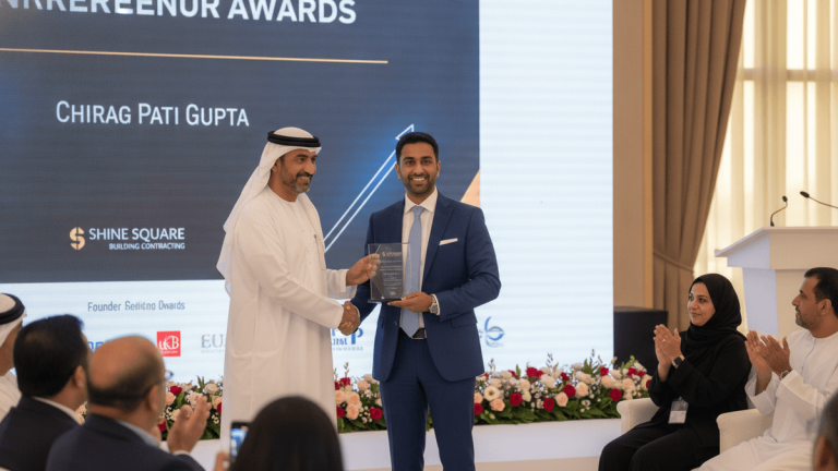 Chirag Pati Gupta, in a blue suit, shakes hands with an Omani dignitary in white robes, receiving an award plaque on a stage.