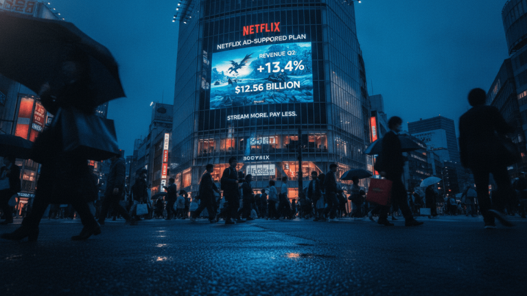 A low-angle, wide shot of a bustling city street at dusk, with blurred pedestrians carrying umbrellas and shopping bags walking across a wet asphalt street. A prominent, multi-story building features a large digital billboard displaying the Netflix logo and text indicating "NETFLIX AD-SUPPORTED PLAN," "REVENUE Q2 +13.4%," and "$12.56 BILLION." The scene is illuminated by the cool blue light of the billboard and ambient city lights, with reflections on the wet ground.