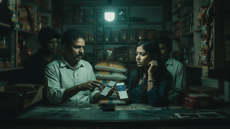 A dimly lit Kirana store with a male shopkeeper showing a mobile payment app to a young female customer.
