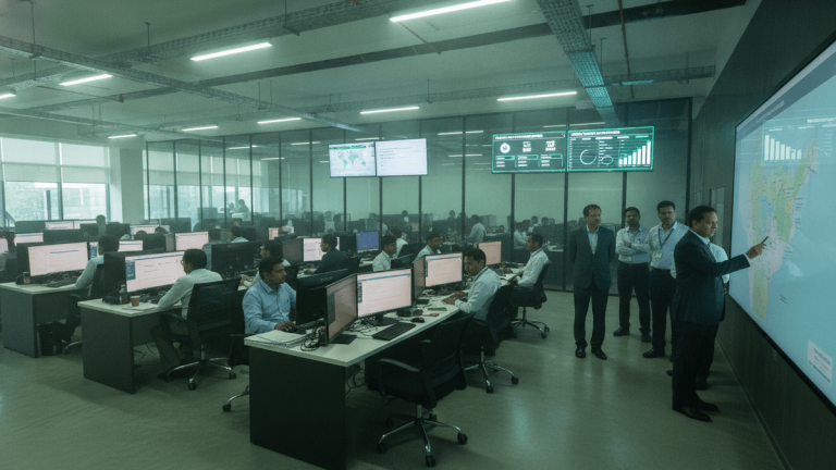 A busy, well-lit control room with many men in business casual attire seated at computers, while a smaller group in suits stands by a large interactive map display, one man pointing to it.
