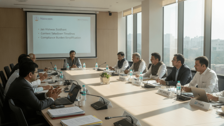 A group of men in business attire sit around a large conference table. A projector screen displays "Nasscom" and discussion points.