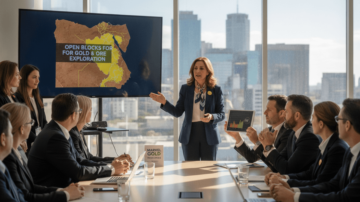 A woman in a business suit presents a map of Egypt with "Open Blocks" highlighted for gold and ore exploration to a group of executives.