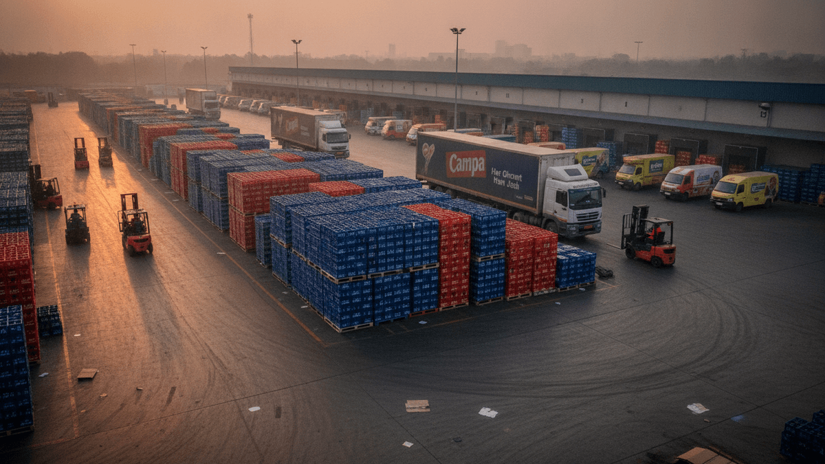An aerial view of a sprawling logistics hub at dawn, with pallets of blue and red beverage crates neatly stacked, multiple parked delivery trucks, and forklifts.