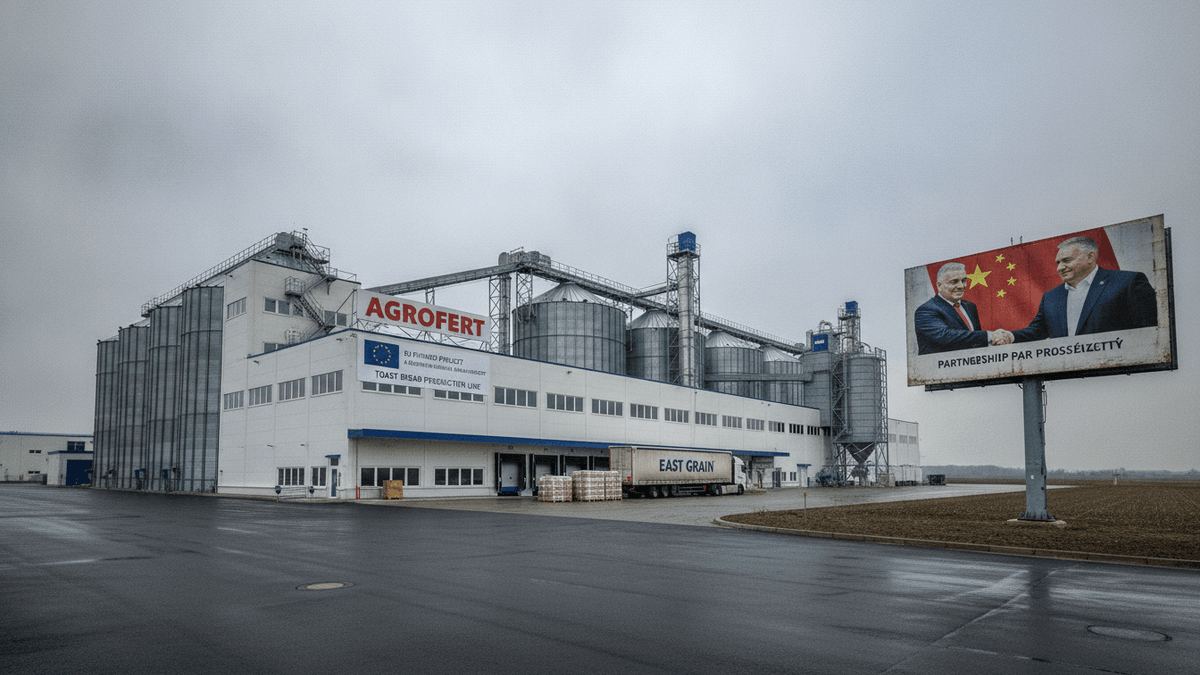 An Agrofert factory with grain silos and a parked semi-truck, beside a billboard featuring two politicians shaking hands.