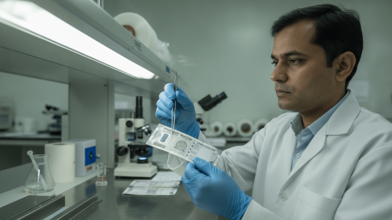 A scientist in a white lab coat and blue gloves inspects an Indian rupee banknote with tweezers under fluorescent lights in a lab.