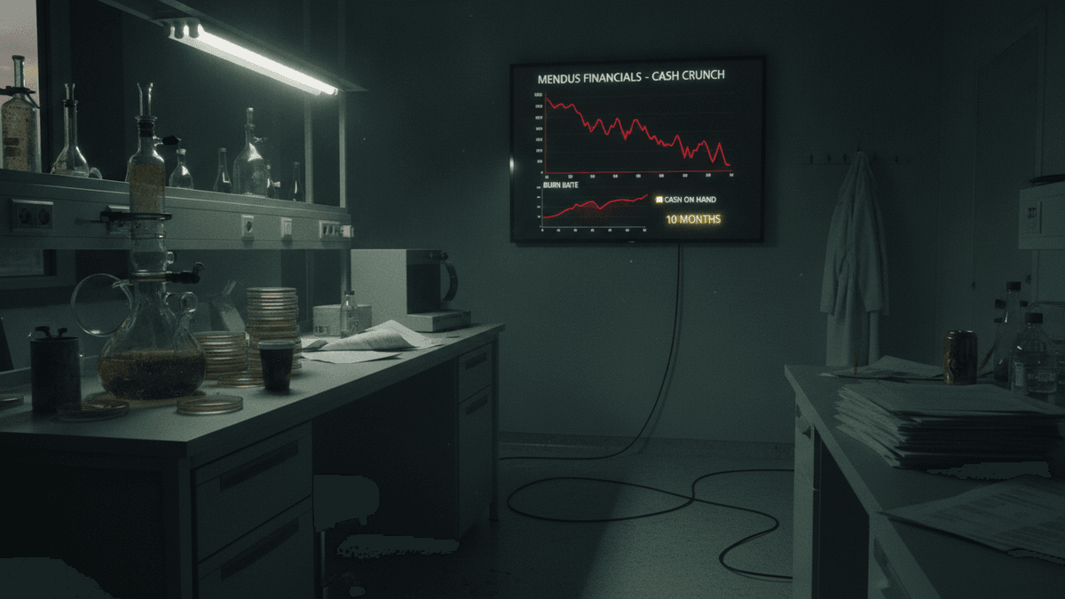 A dark, utilitarian biotech laboratory with an illuminated monitor displaying financial graphs for "Mendus Financials - Cash Crunch."