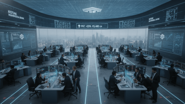 An ultra-realistic wide shot of a futuristic trading floor with multiple traders in suits working at glowing digital desks, a large curved screen displaying financial data, and a city skyline visible through windows.