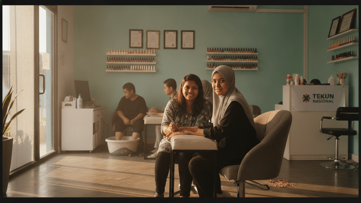 Two women smiling at the camera, one with henna on her hand, inside a brightly lit nail spa.