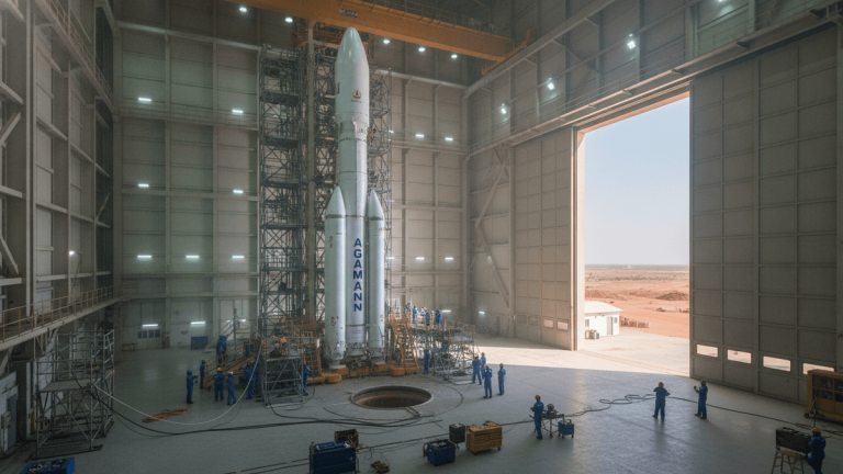 Wide shot inside a cavernous rocket assembly building. A tall, white rocket stands center, surrounded by scaffolding and technicians in blue uniforms. The massive hangar doors are open, revealing a clear desert landscape outside.