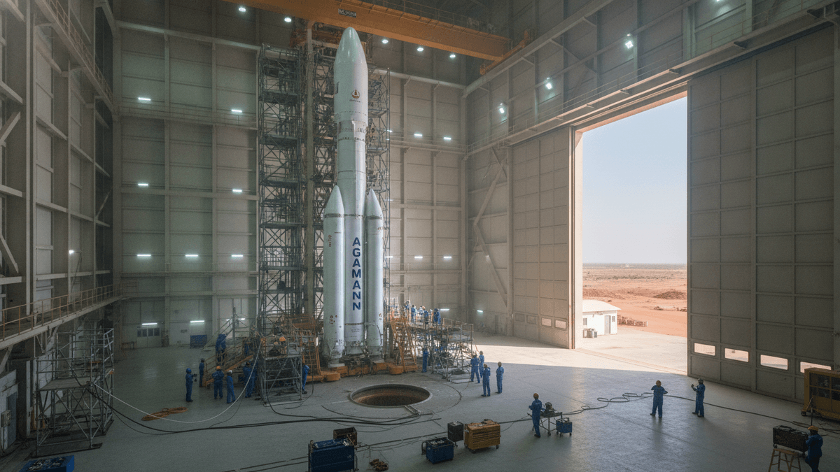 Wide shot inside a cavernous rocket assembly building. A tall, white rocket stands center, surrounded by scaffolding and technicians in blue uniforms. The massive hangar doors are open, revealing a clear desert landscape outside.