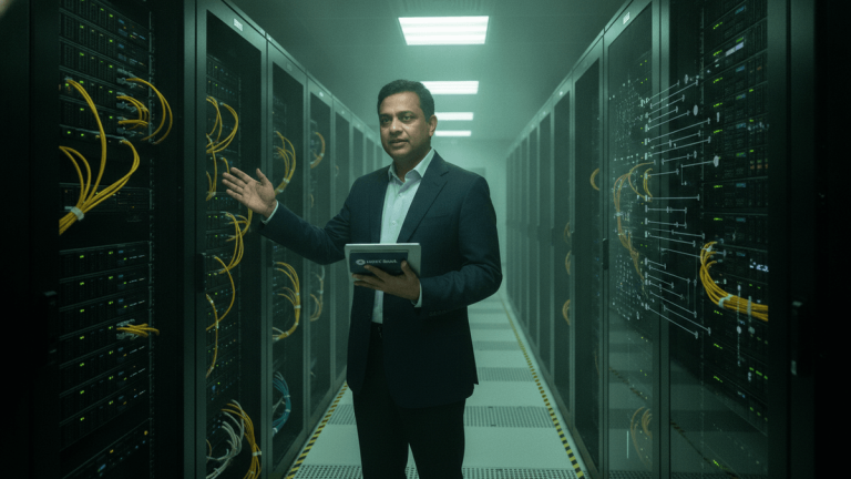 Sashidhar Jagdishan, CEO of HDFC Bank, stands in a server room, gesturing towards racks of blinking equipment.