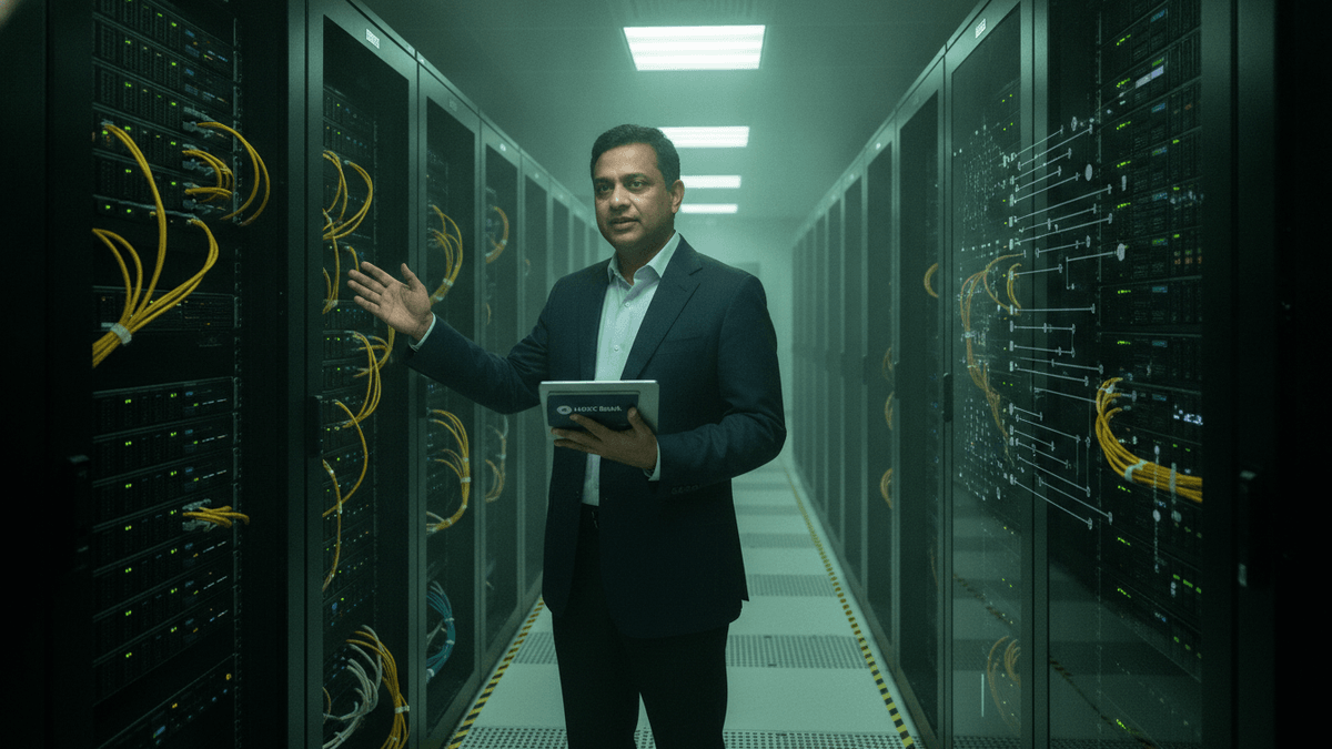 Sashidhar Jagdishan, CEO of HDFC Bank, stands in a server room, gesturing towards racks of blinking equipment.