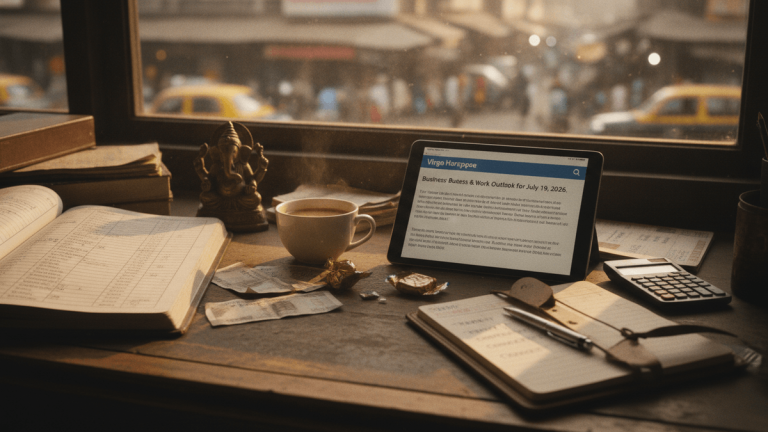 A tablet displaying a horoscope article titled "Virgo Horoscope: Business & Work Outlook for July 19, 2026" sits on a wooden desk. Beside it are a steaming cup of coffee, an open notebook, scattered currency notes, a small Ganesha idol, and a calculator. The scene is illuminated by warm, diffused light entering from a window overlooking a blurred, busy street with yellow taxis.