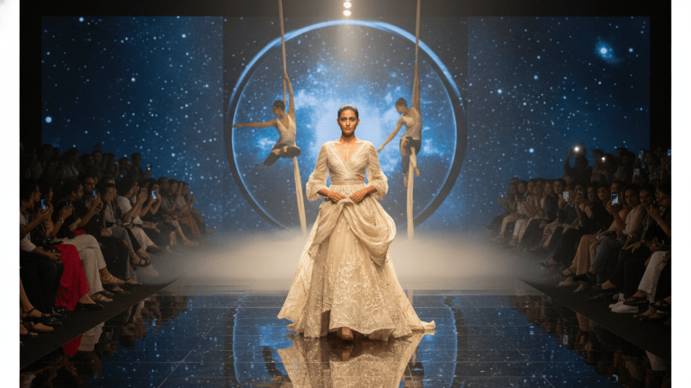 A fashion model walks down a runway in an elaborate white gown, with two acrobatic performers suspended in the air behind her against a starry projection.