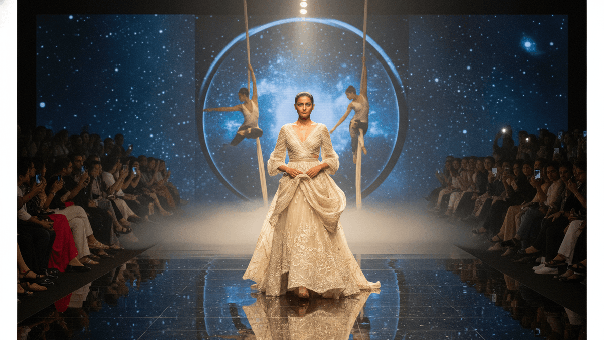 A fashion model walks down a runway in an elaborate white gown, with two acrobatic performers suspended in the air behind her against a starry projection.