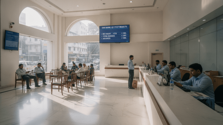 Wide shot of a bright, modern bank lobby with customers seated and bank employees at counters, an overhead screen shows financial data.