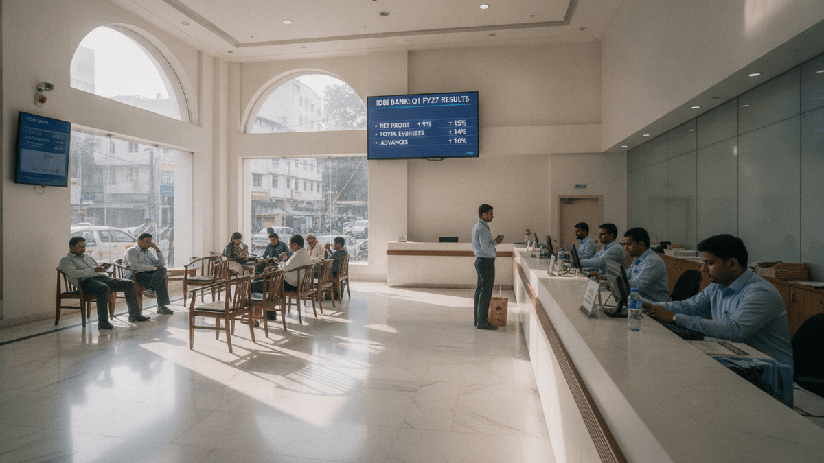 Wide shot of a bright, modern bank lobby with customers seated and bank employees at counters, an overhead screen shows financial data.