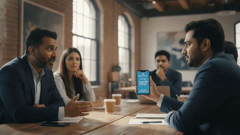 A man in a suit speaks across a conference table to another man holding up a phone displaying a quote about listening.